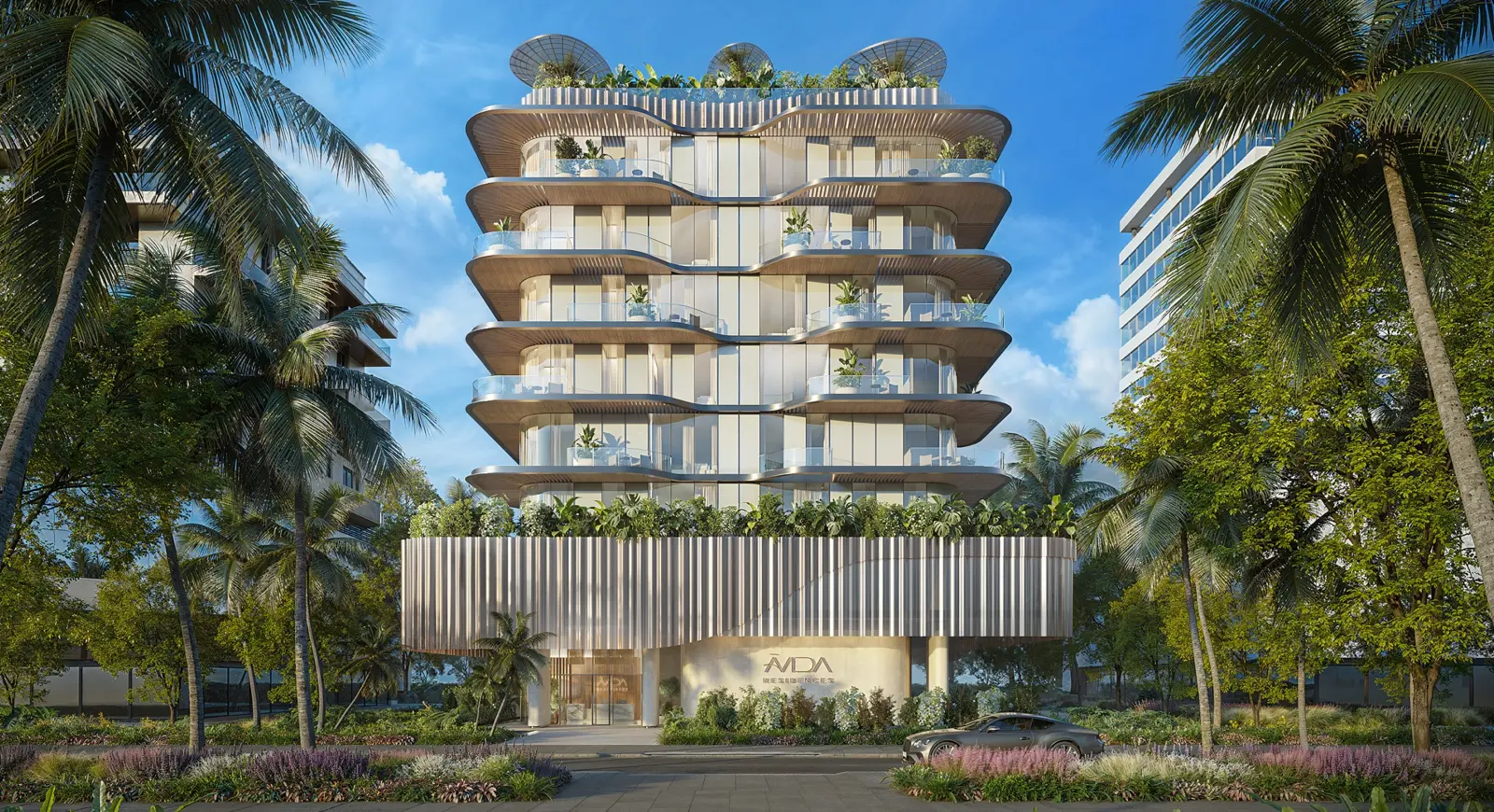 Tower facade with curved terraces and palm trees