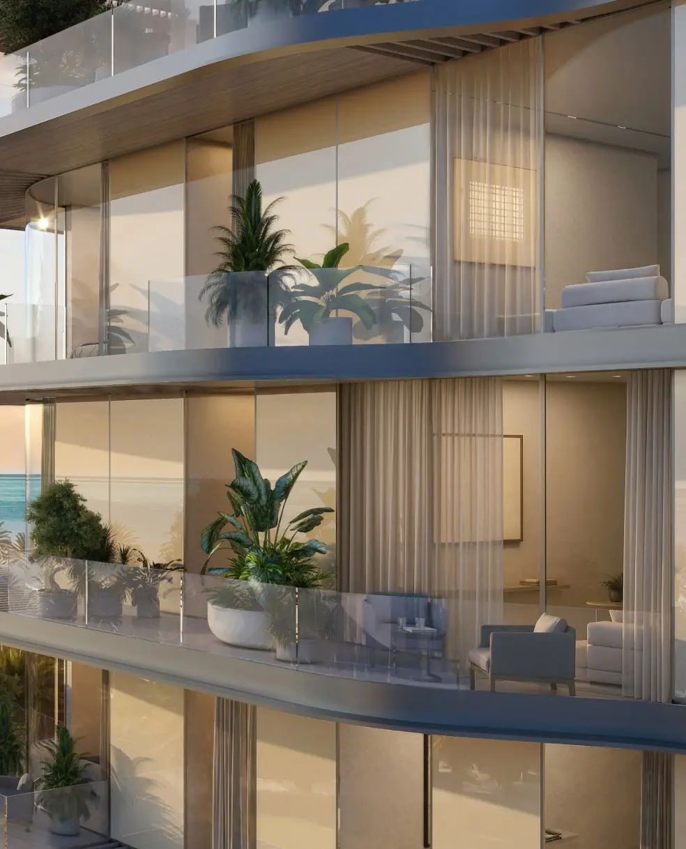 Glass-fronted terraces with plants and sea view