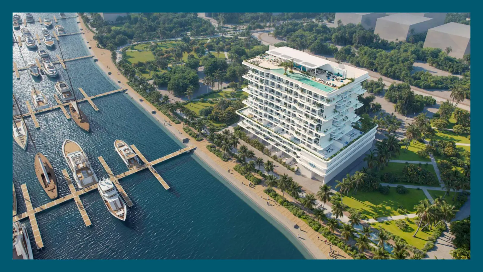 Aerial view of the tower beside the marina