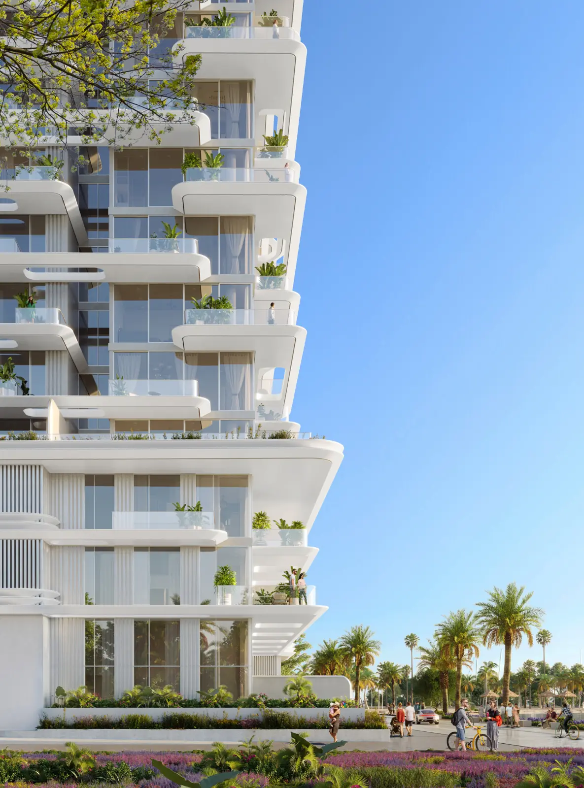 Tower corner with stacked balconies and planting