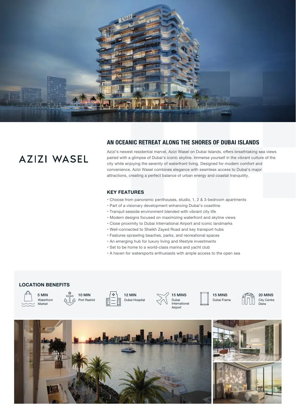 Brochure cover page with tower render and location benefits