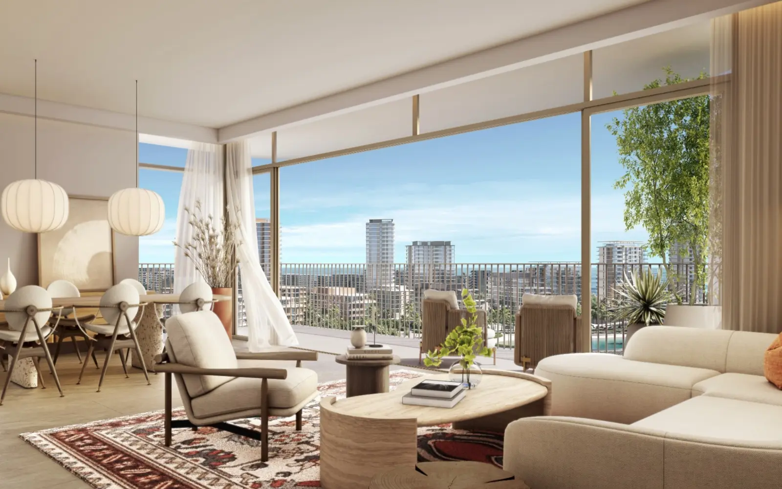 Living and dining room with balcony and city view