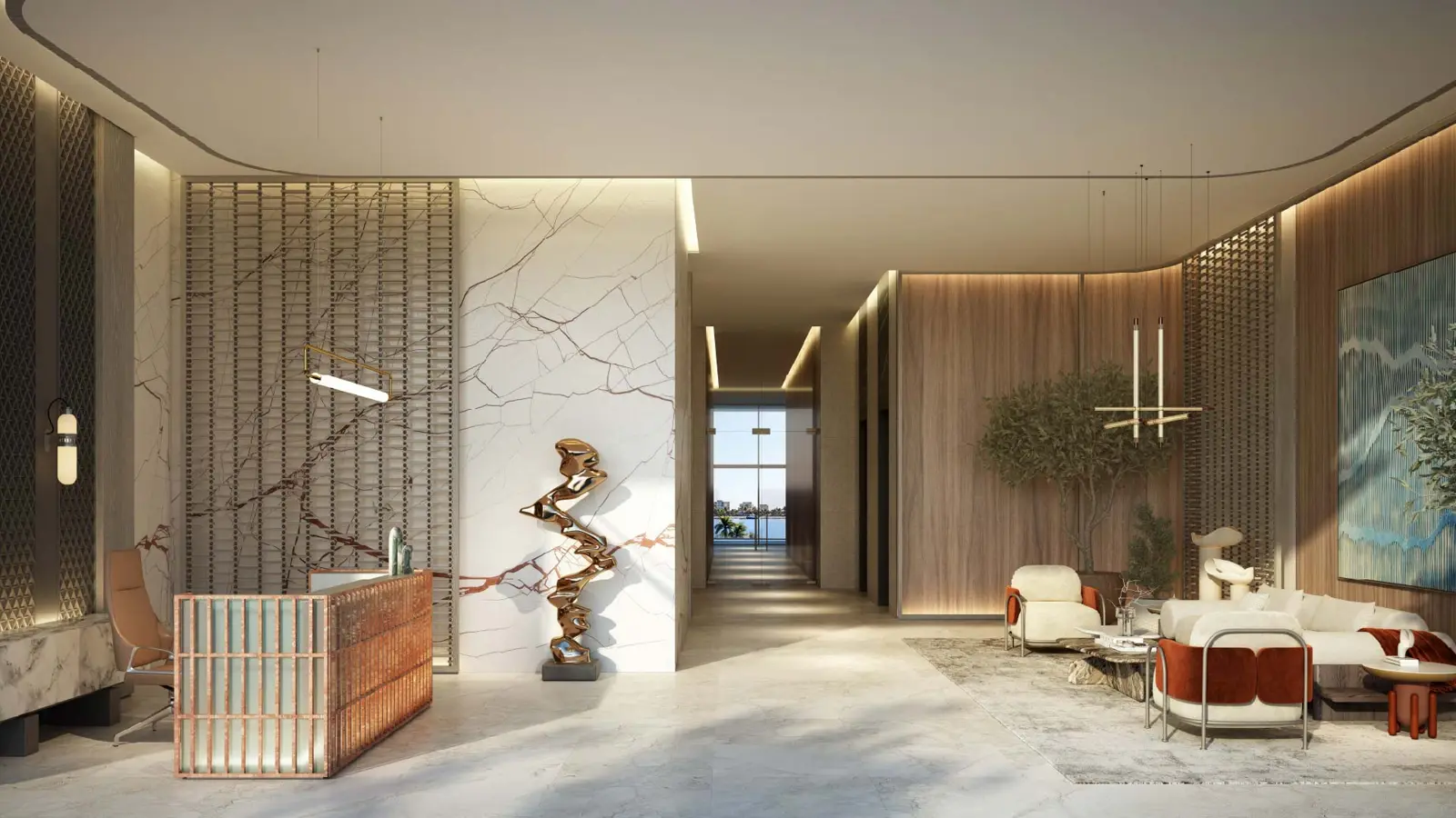 Lobby with reception desk and lounge seating