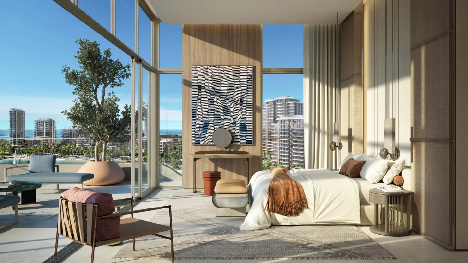 Bedroom with floor-to-ceiling windows and terrace
