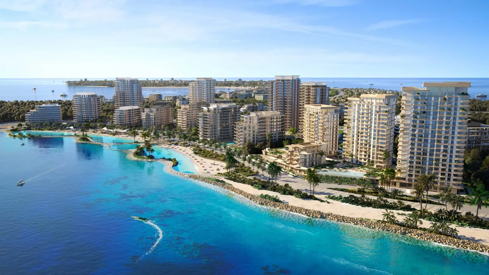 Waterfront towers along the beach and lagoon