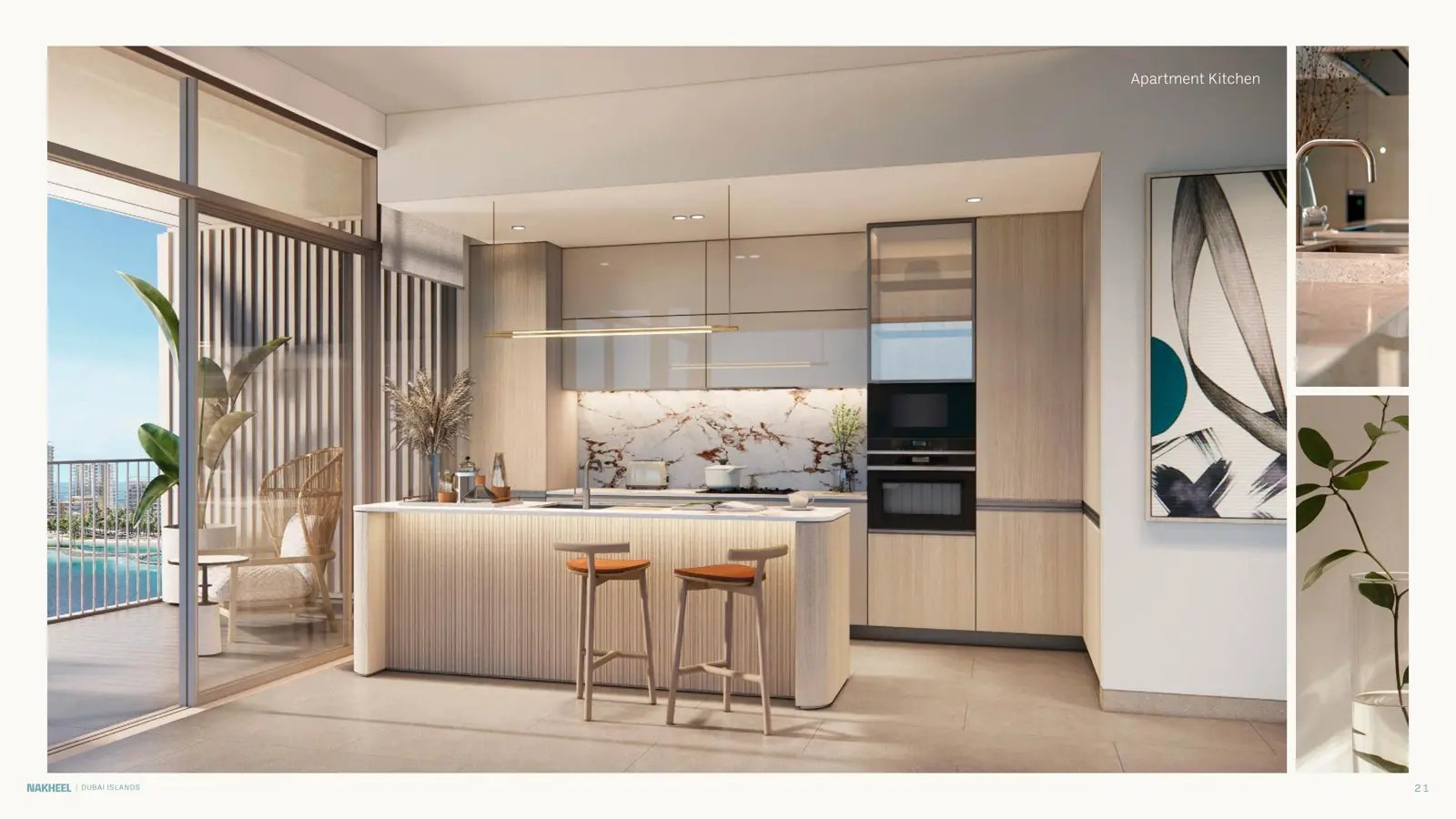 Apartment kitchen with island and balcony