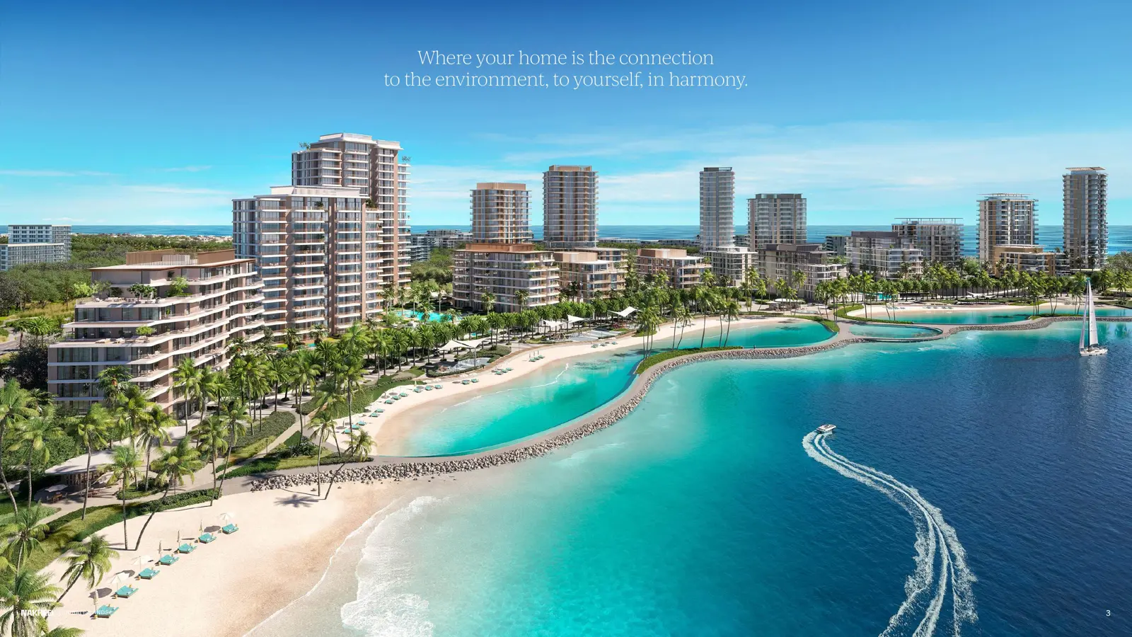 Waterfront towers with beach, lagoon and speedboat