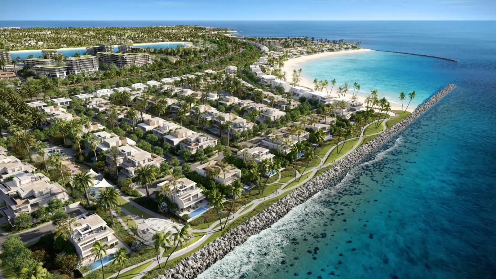 Aerial view of villas along the beach and promenade