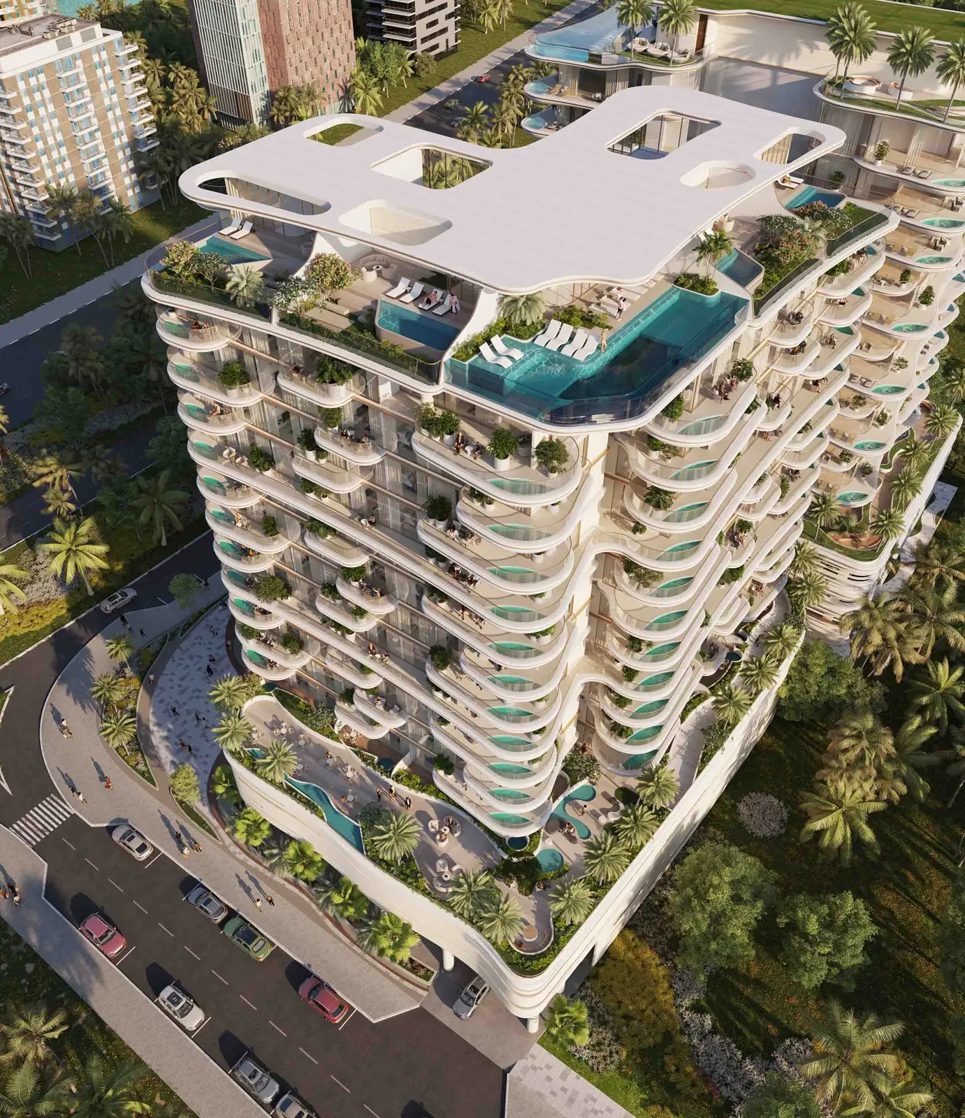 Aerial view of tower with roof pools and podium deck