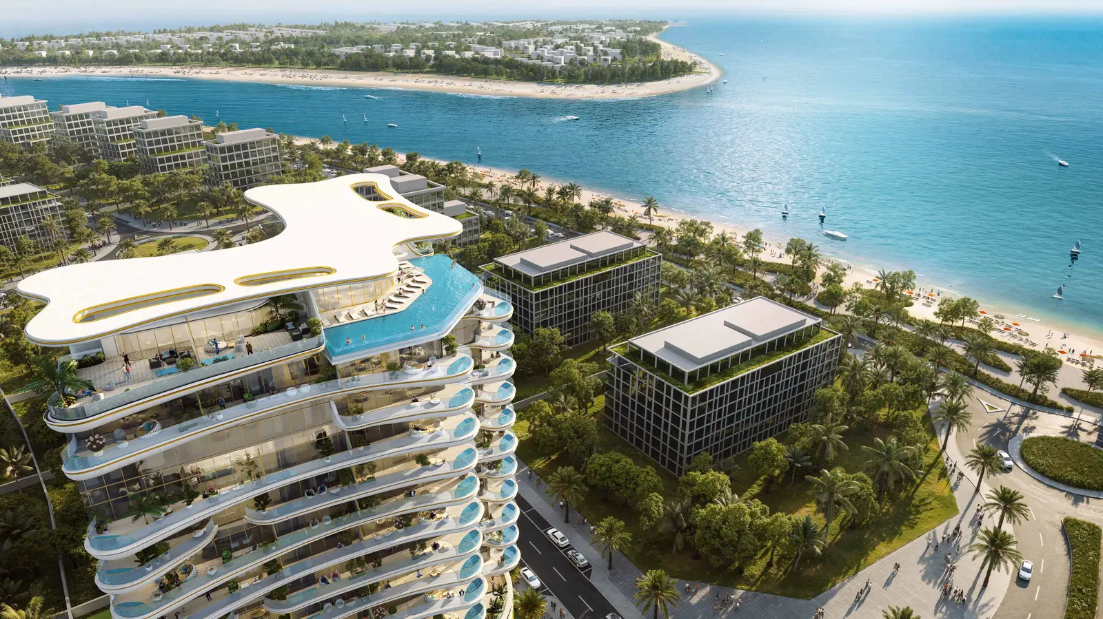 Aerial view of the tower with pool deck by the beach