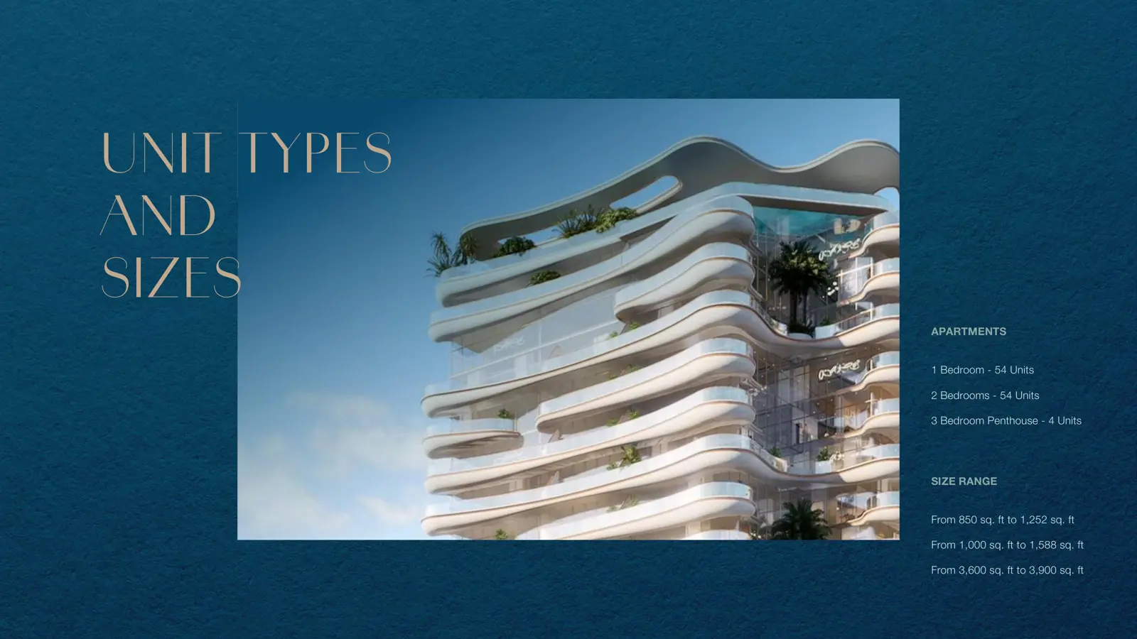 Curved balconies of the tower, unit types page