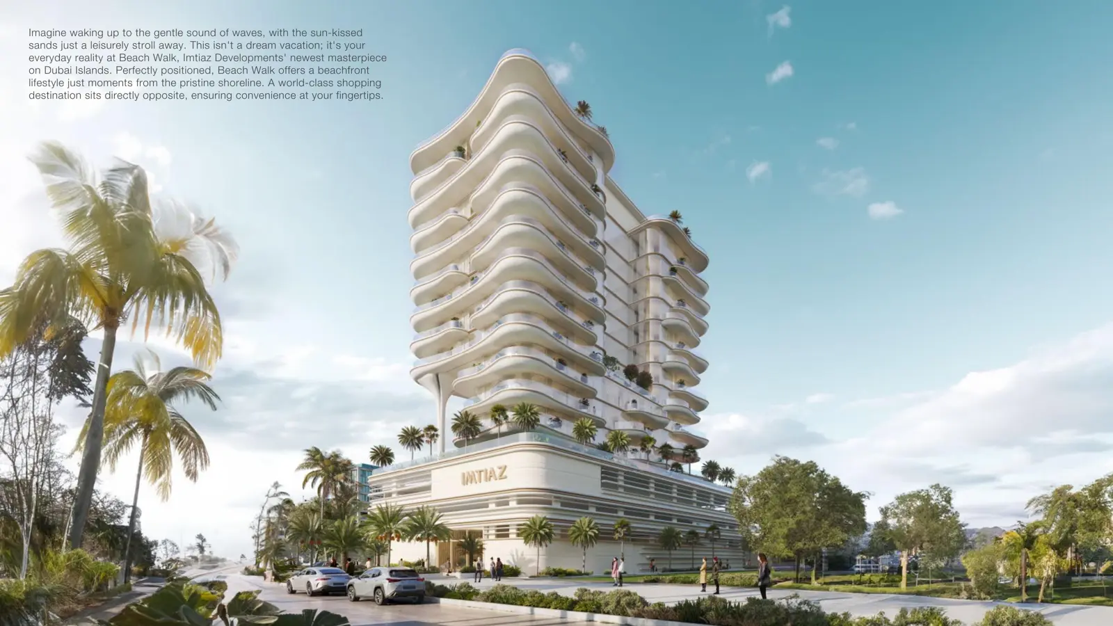Curved tower with wavy balconies seen from street level