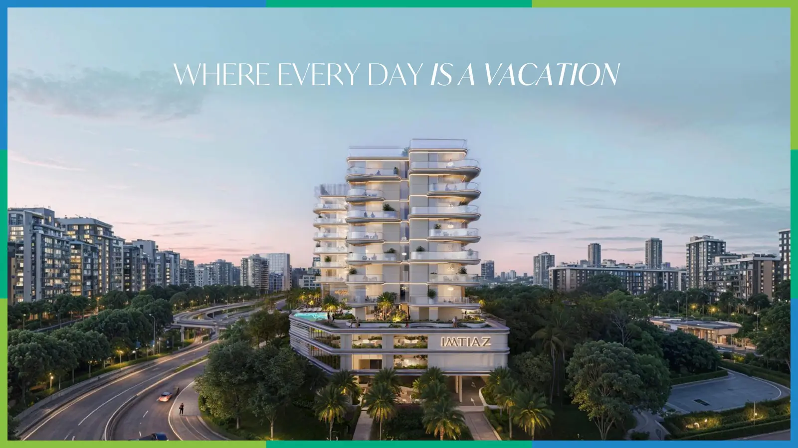Tower with curved balconies at dusk among greenery
