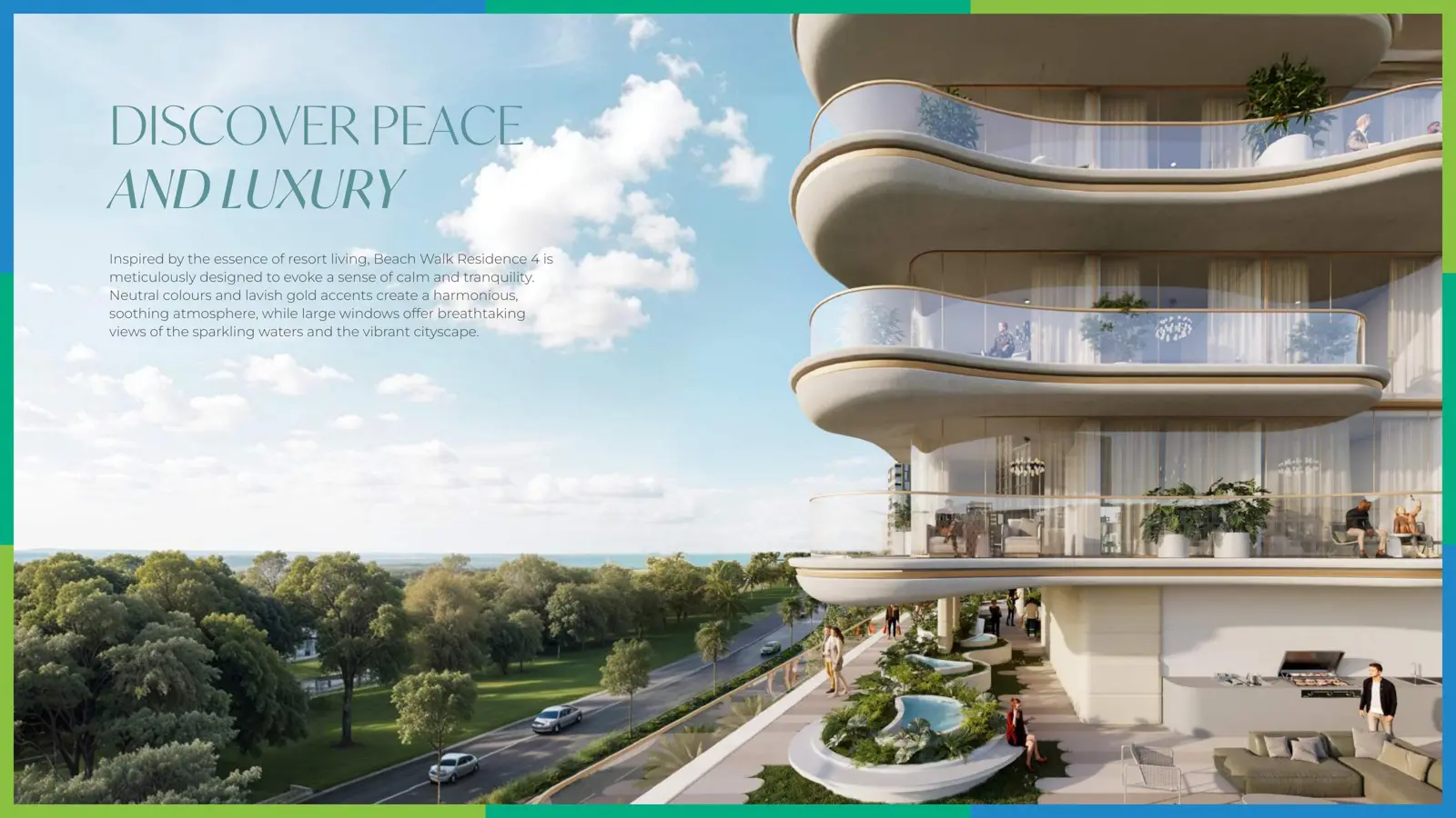 Curved balconies and terrace garden with BBQ area
