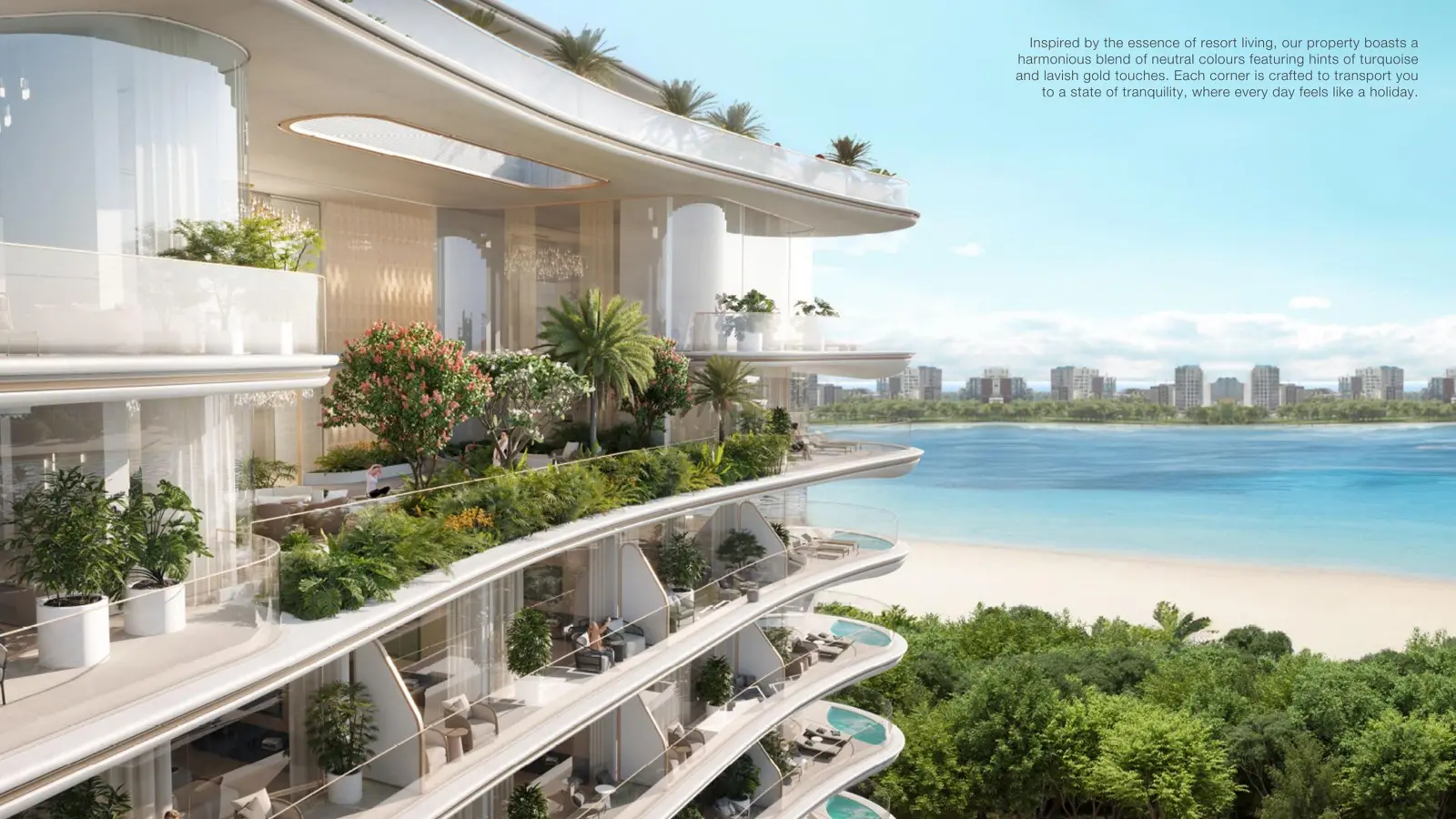 Terraced balconies with planters facing the sea