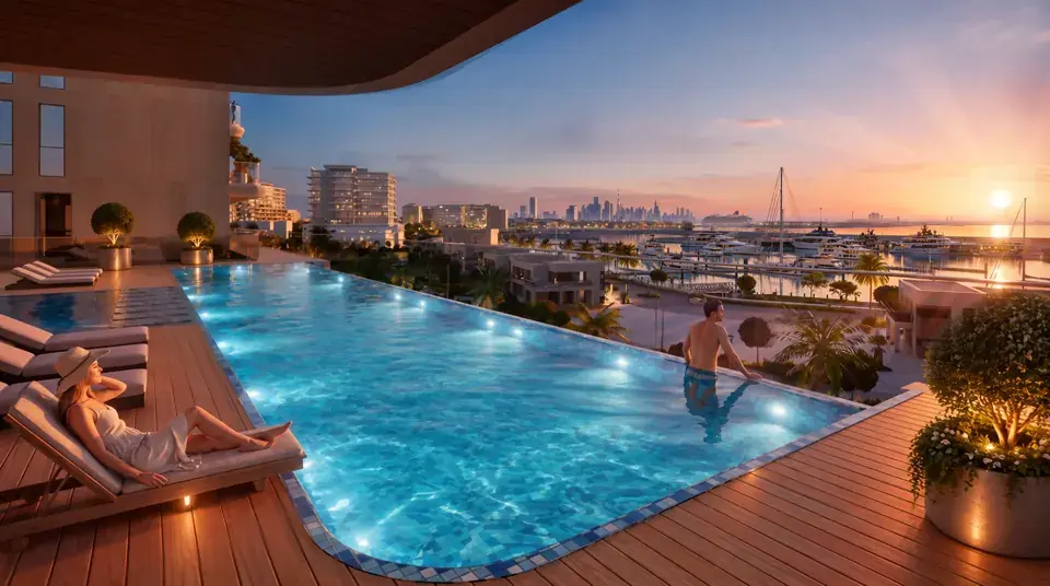 Pool deck overlooking marina at sunset