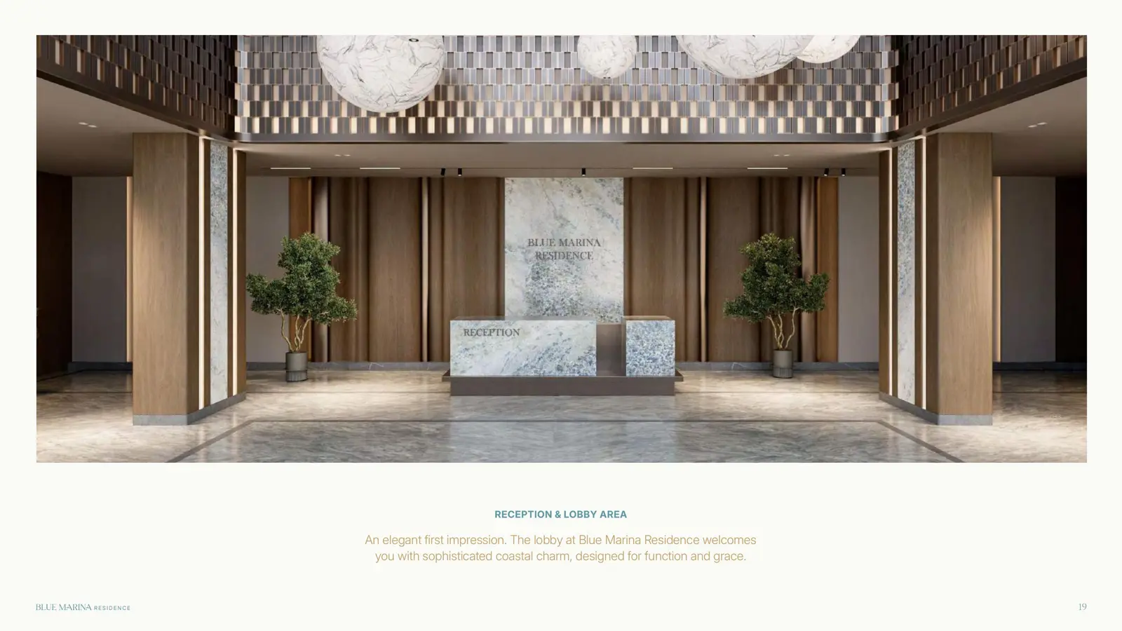 Lobby reception desk with marble wall and wood panels