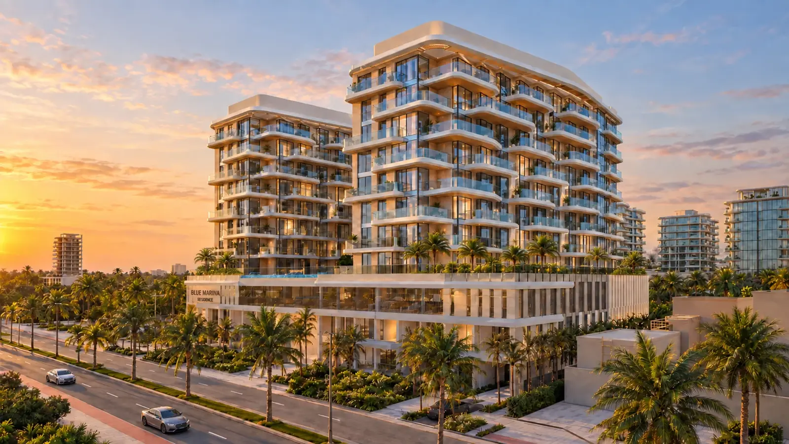 Towers at sunset with palm-lined street