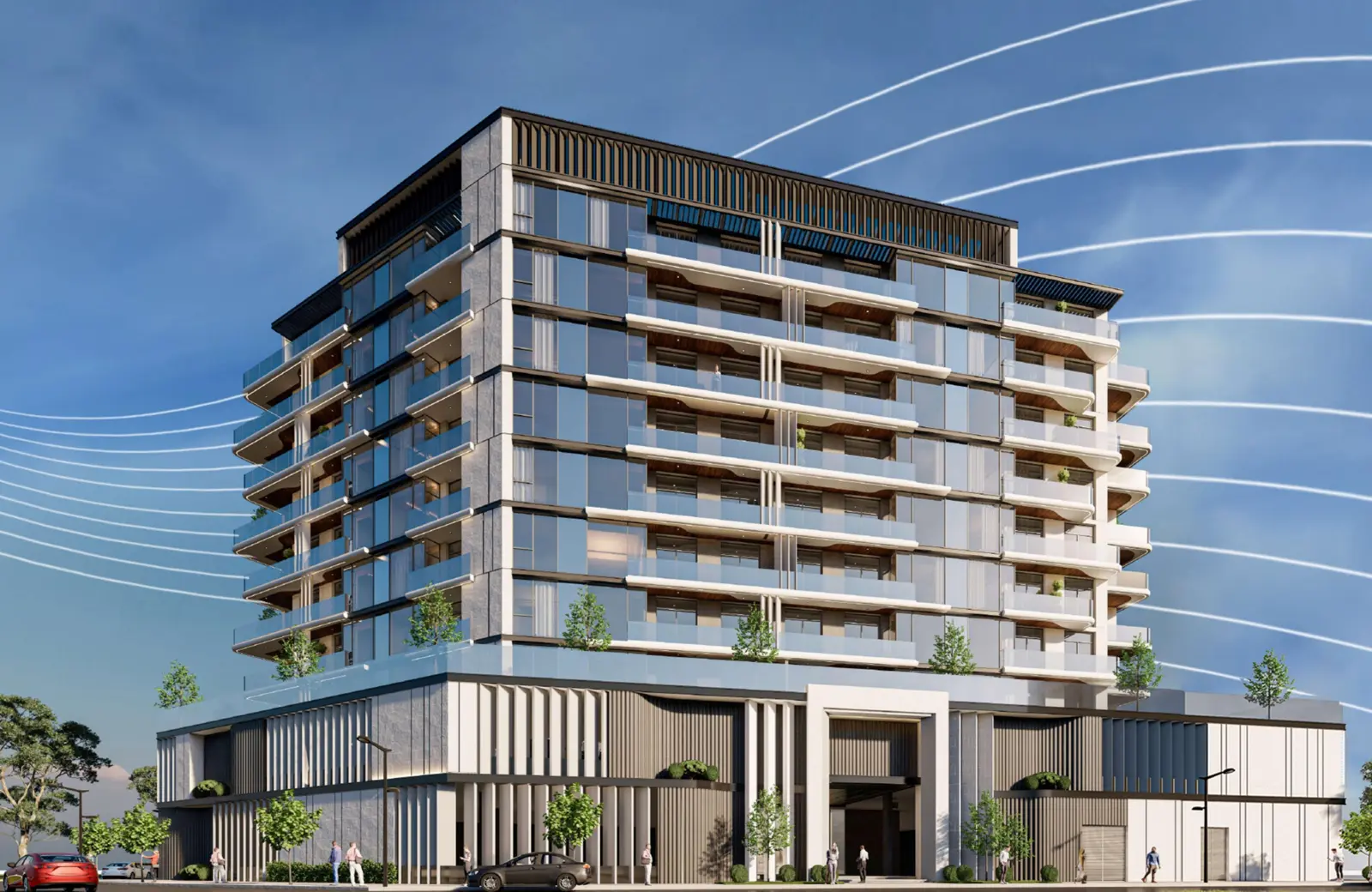 Full building render with podium and entrance