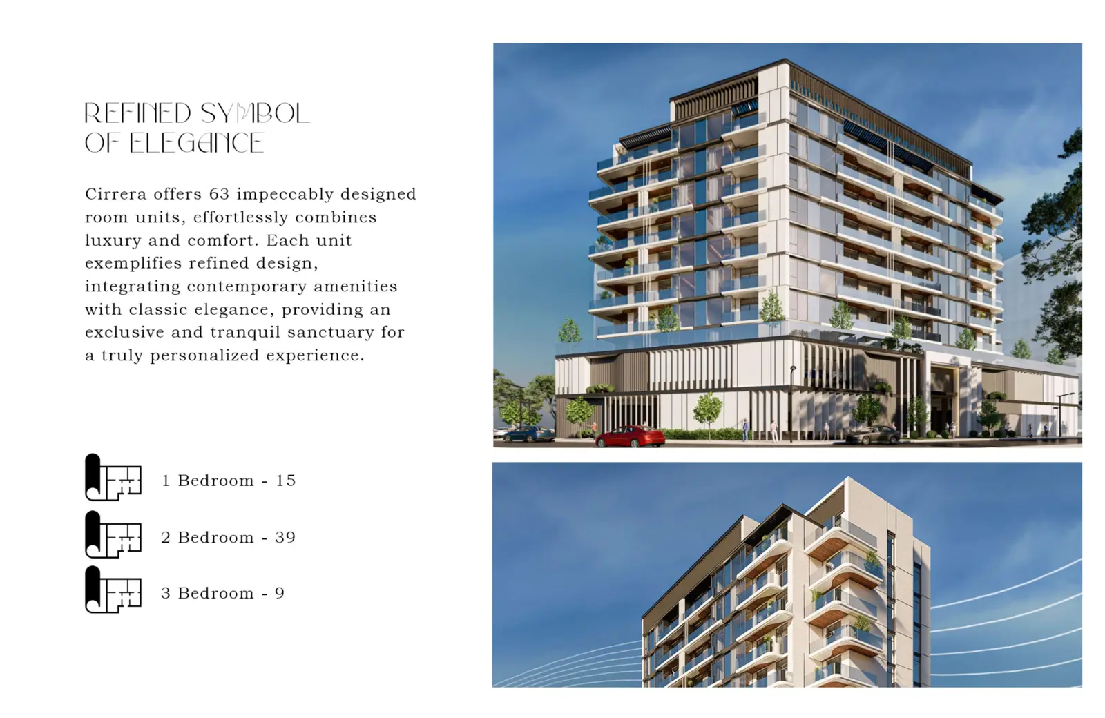 Building exterior renders beside the unit mix