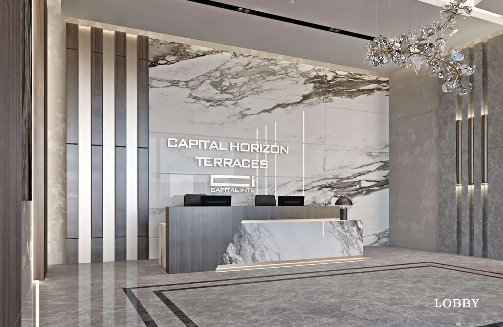 Lobby with marble reception desk and chandelier