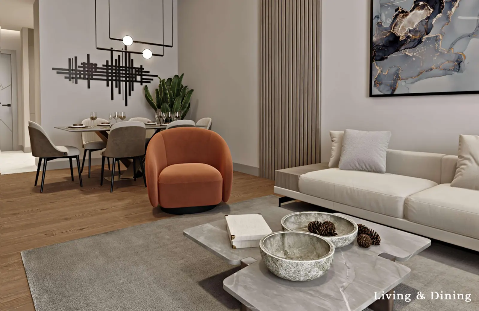 Living and dining area with orange armchair