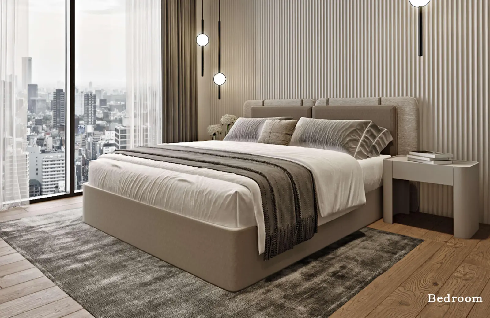 Bedroom with city view through floor-to-ceiling window