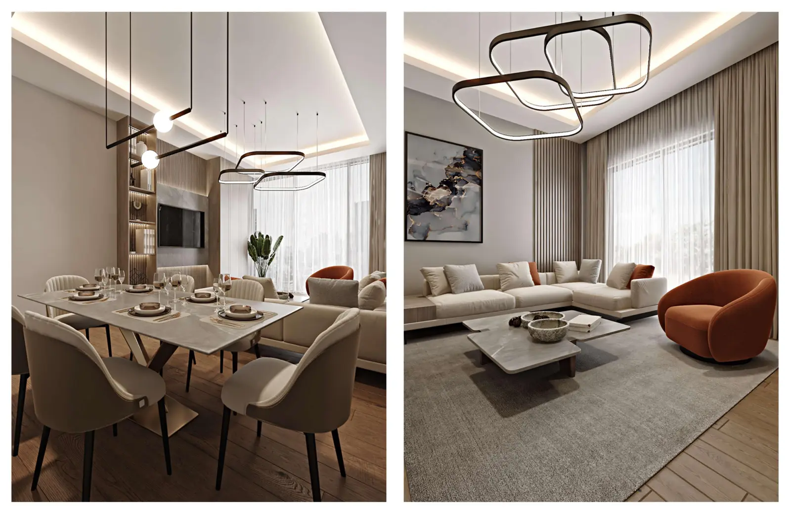 Dining table and living room with sofa