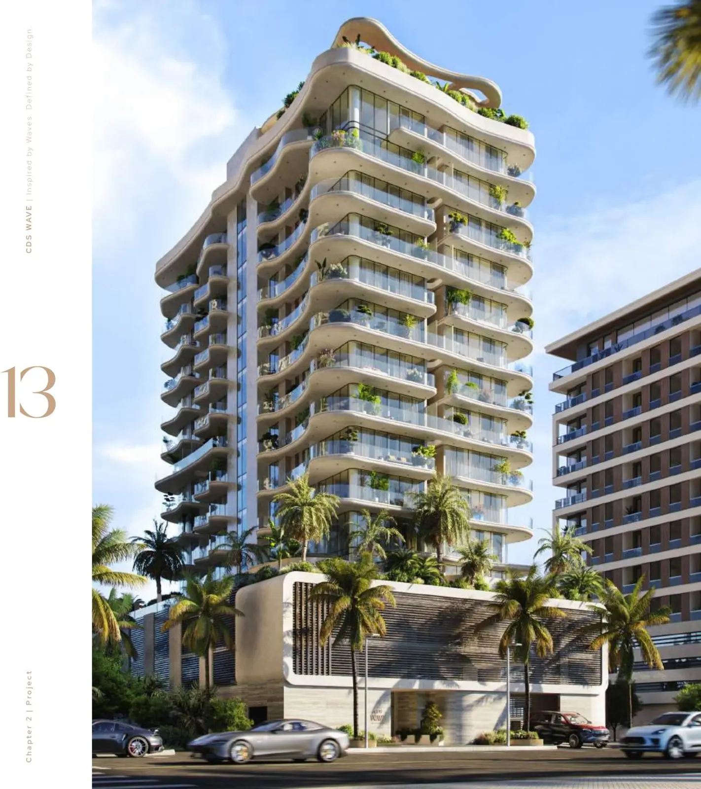 Tall curved tower with podium and palms