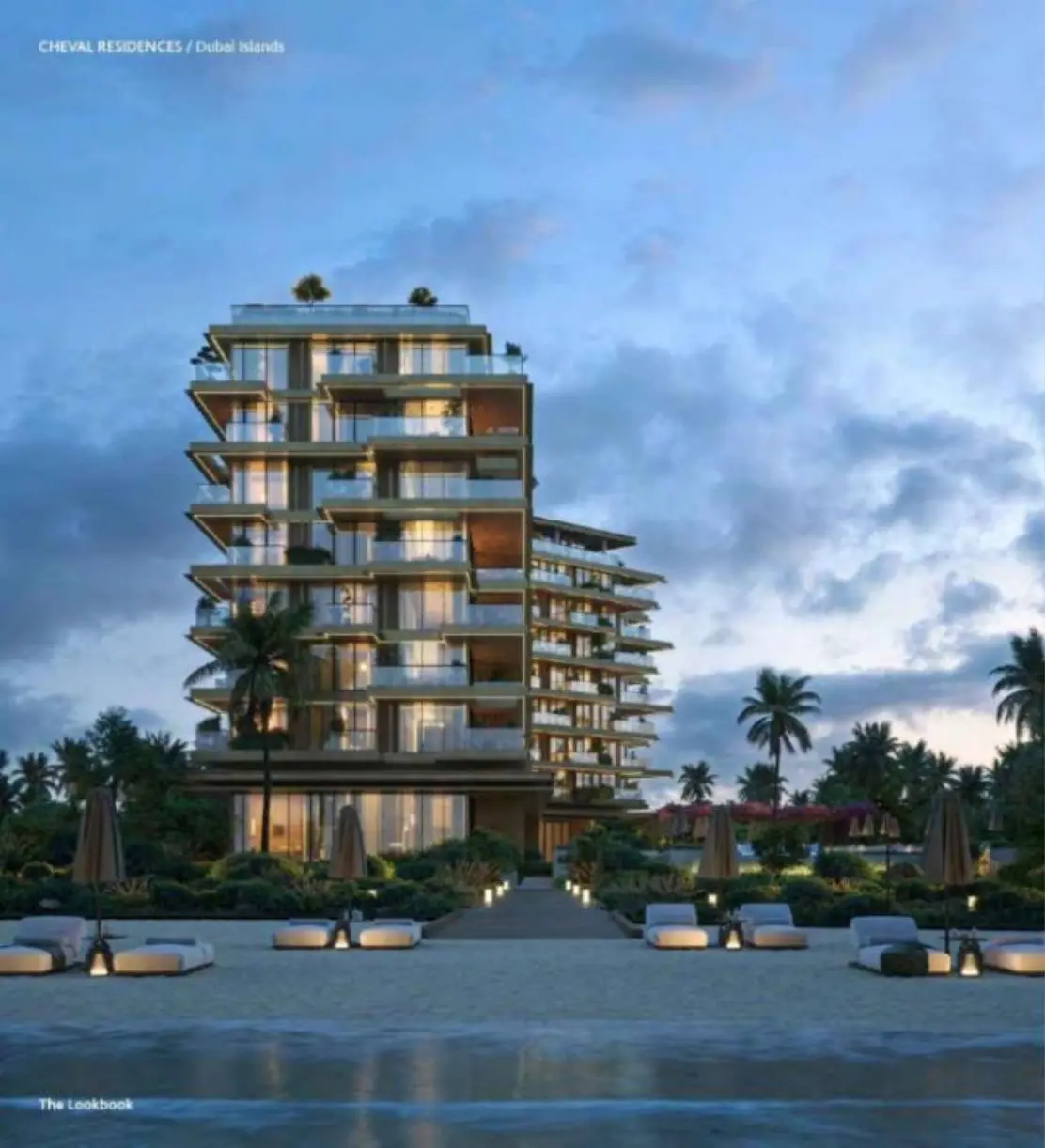 Terraced building at dusk seen from the beach