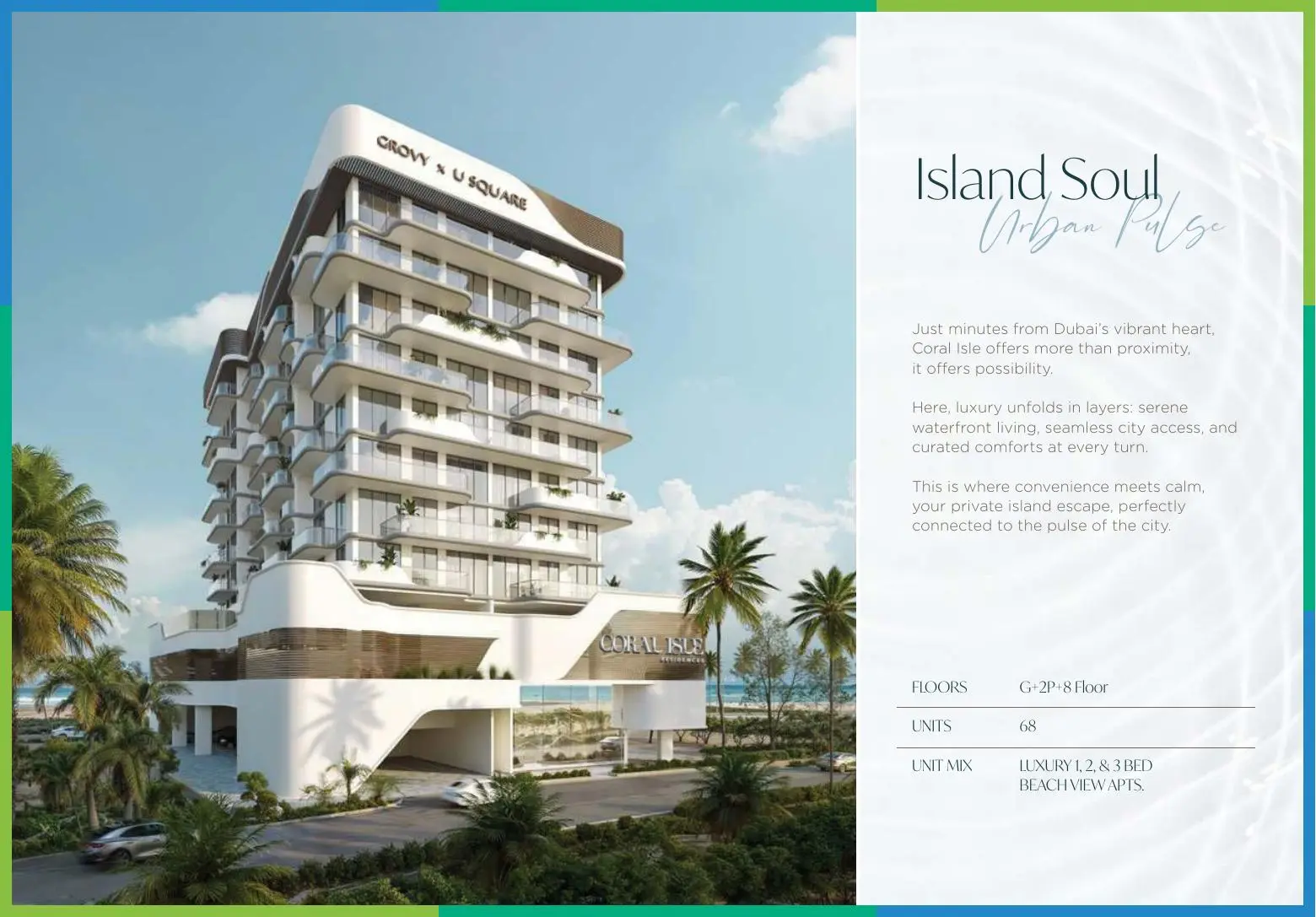 Full tower exterior with palm trees and project facts