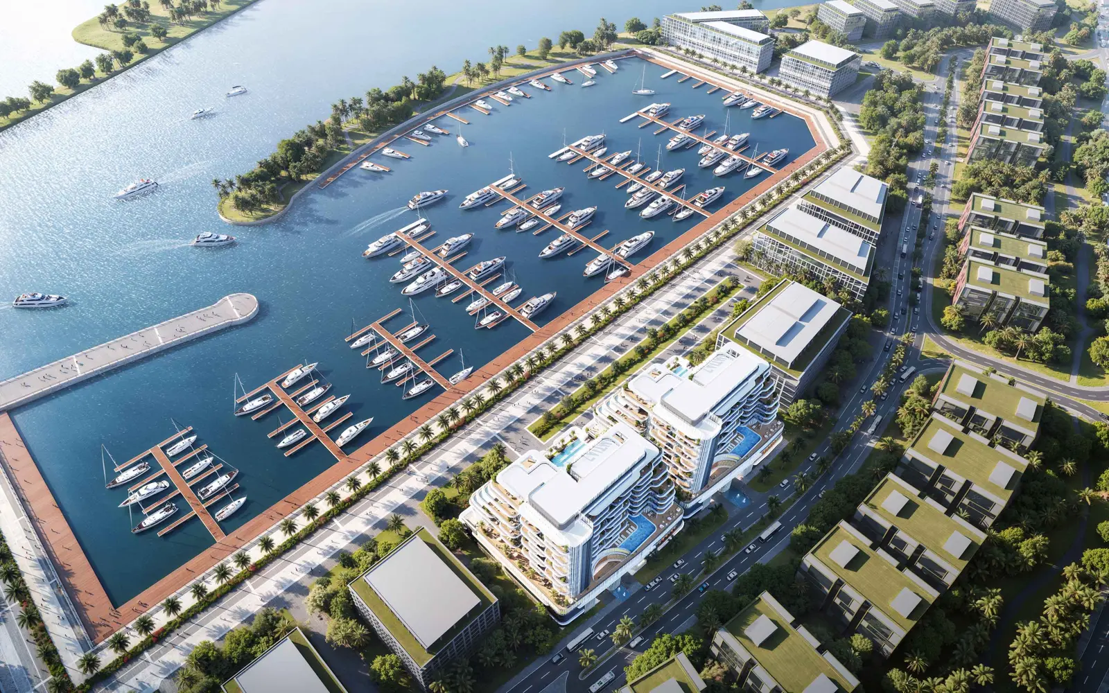 Aerial view of two towers beside the marina