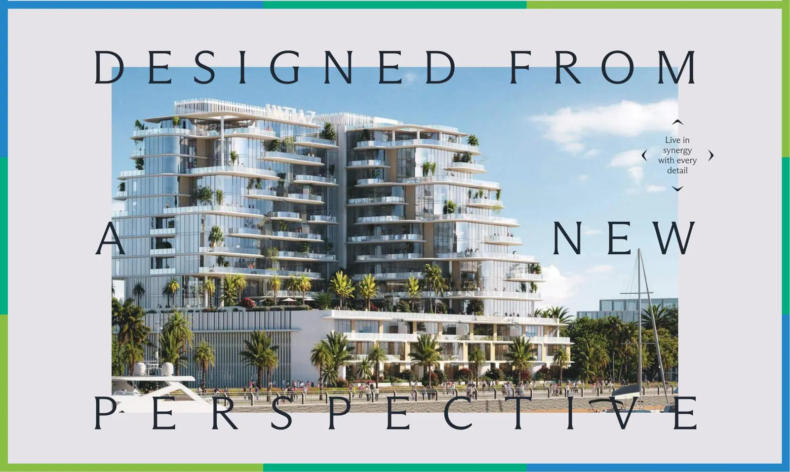 Two curved glass towers seen from the marina promenade