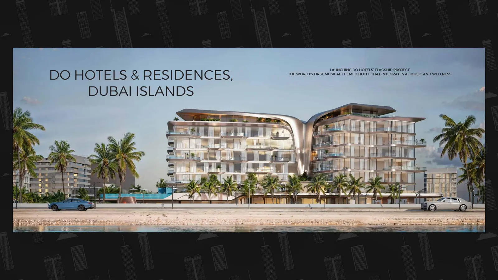 Beachfront building with curved metallic facade and palms