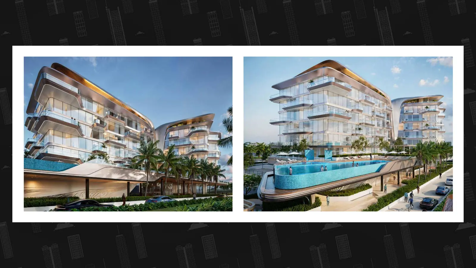 Two views of the building with elevated pool