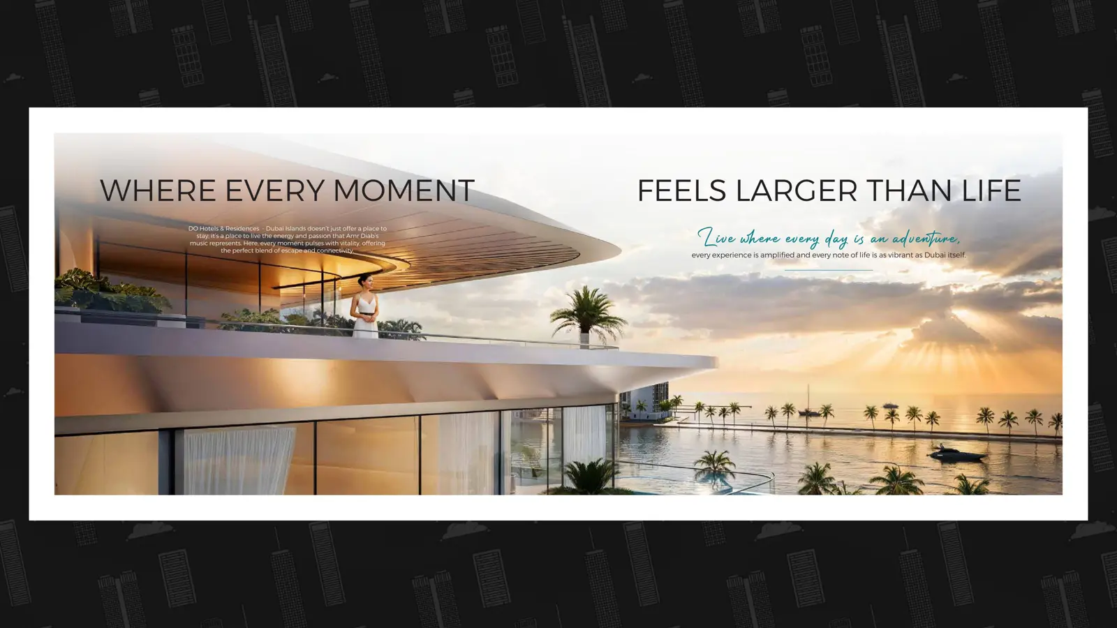 Curved balcony roof over the sea at sunset