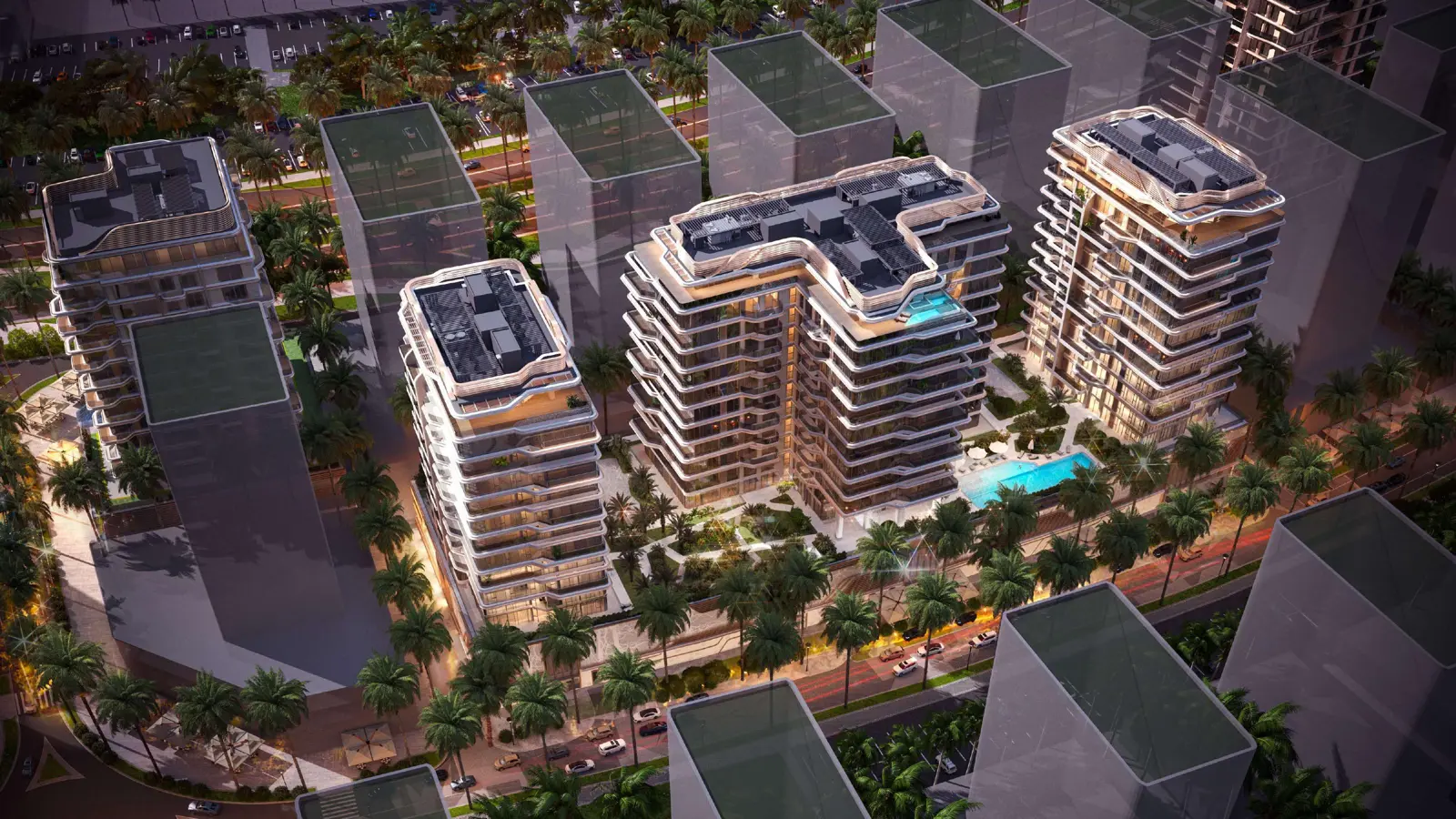Evening aerial view of the towers and pool