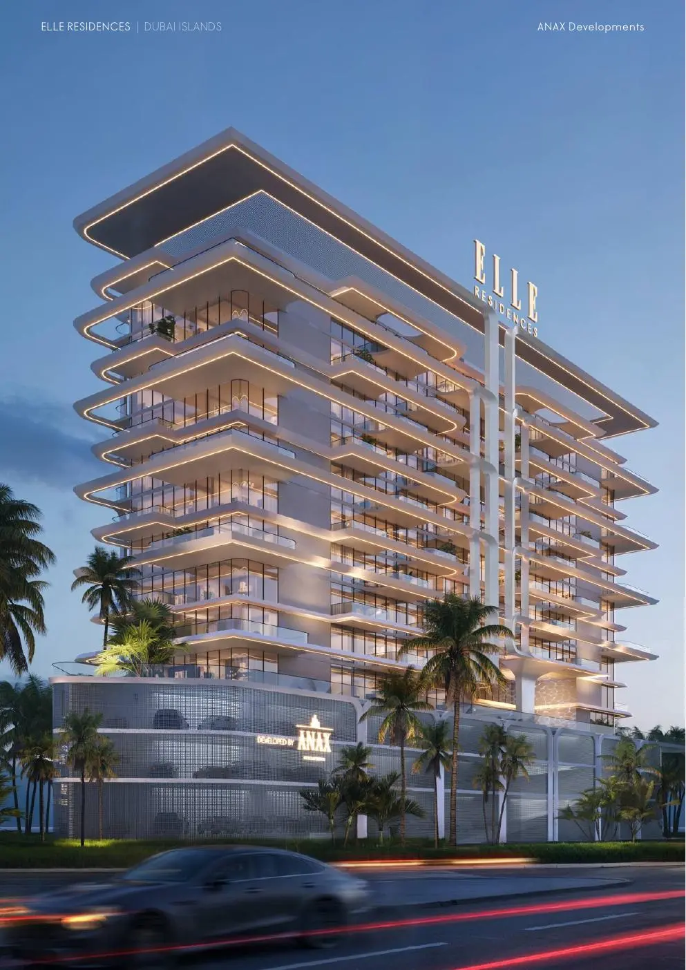 Tower with illuminated terraces at dusk