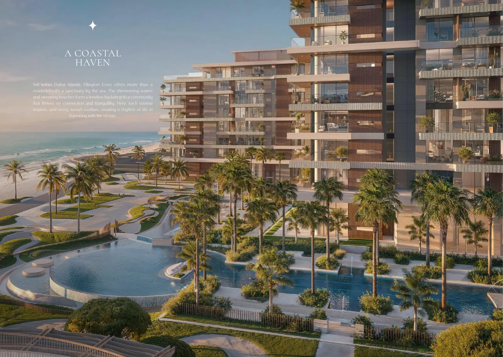 Towers above pools and palm gardens on the beach