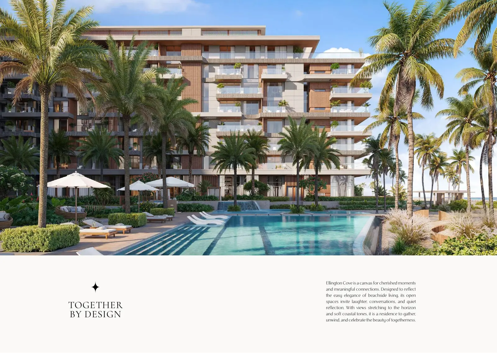 Pool and palms in front of the tower