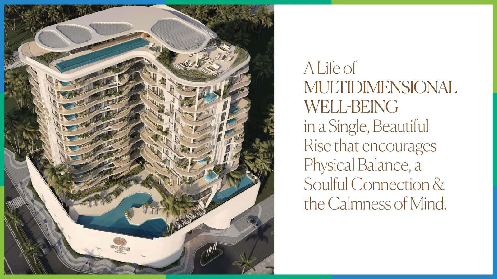 Aerial view of the curved tower with rooftop pool