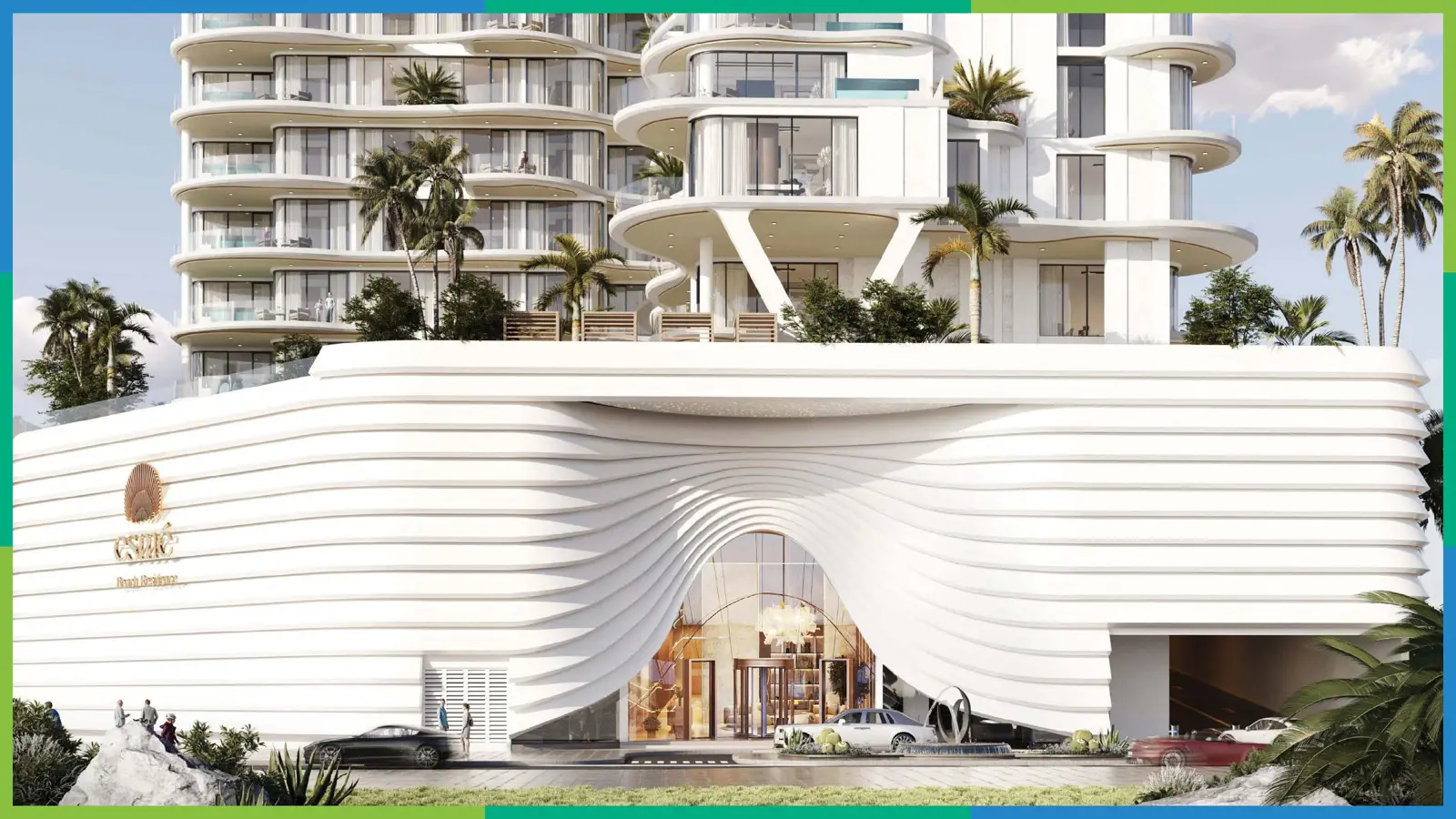 Wavy white podium façade and entrance with towers above