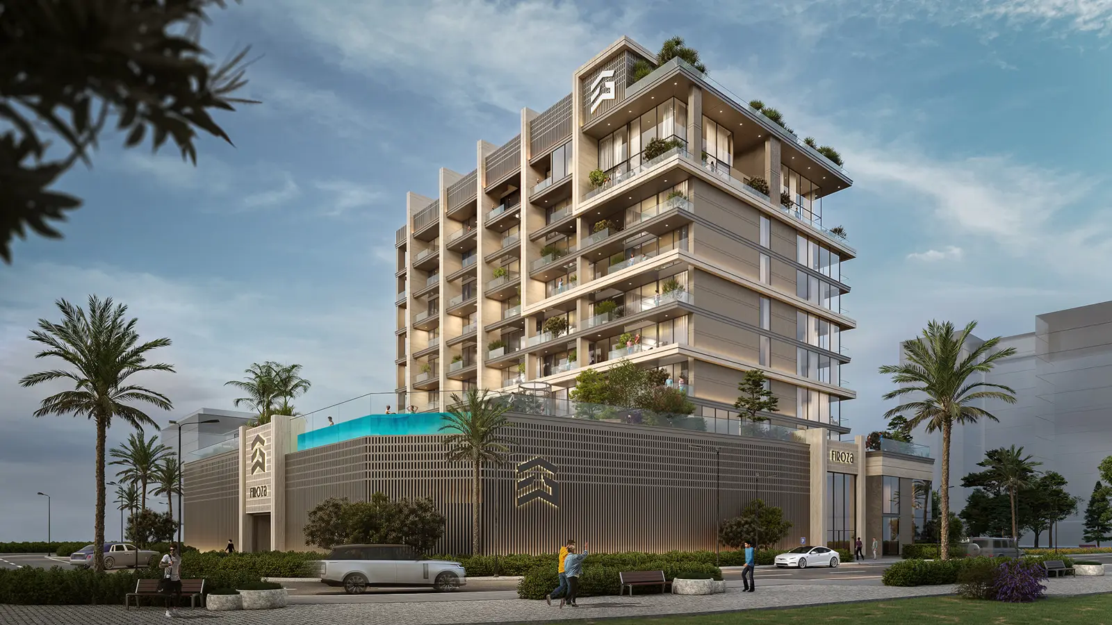 Tower with podium and glass-edged rooftop pool