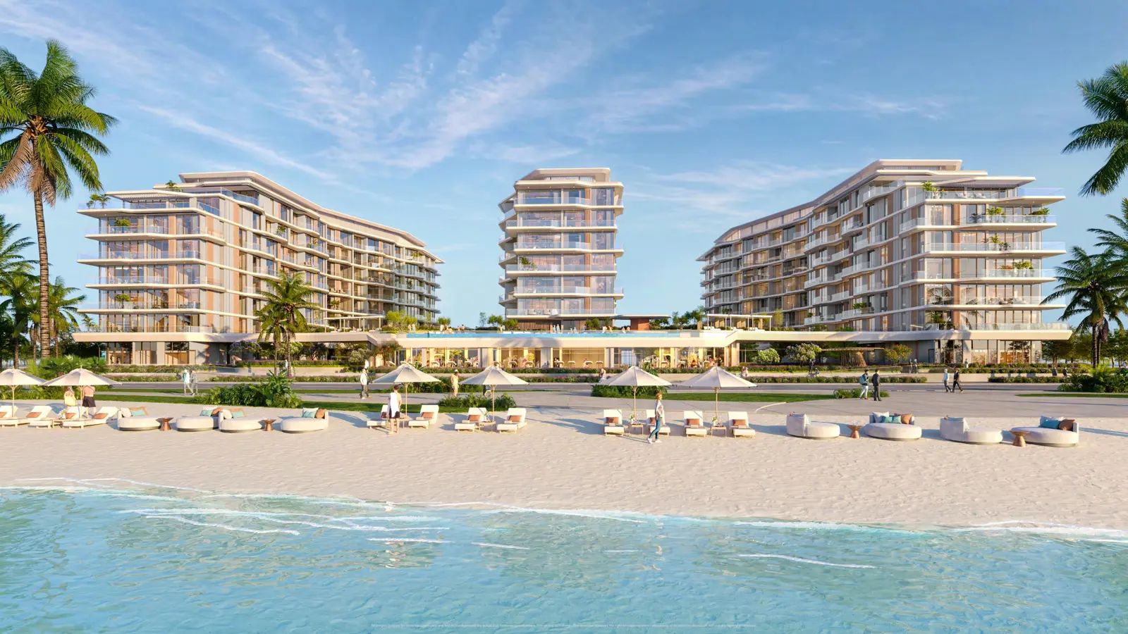 Three buildings seen from the beach