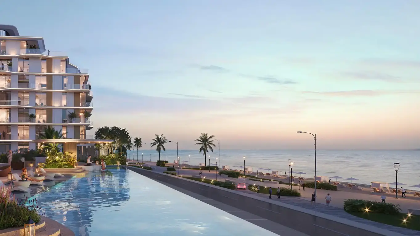 Pool deck facing the sea at dusk