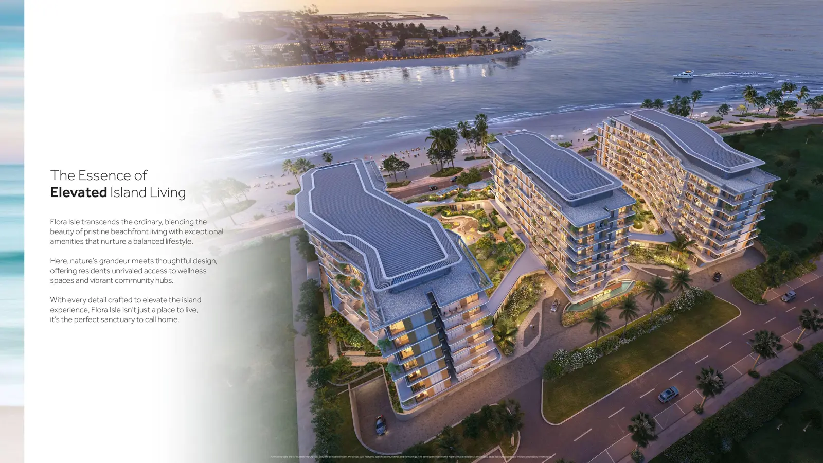 Aerial dusk view of the three buildings by the sea