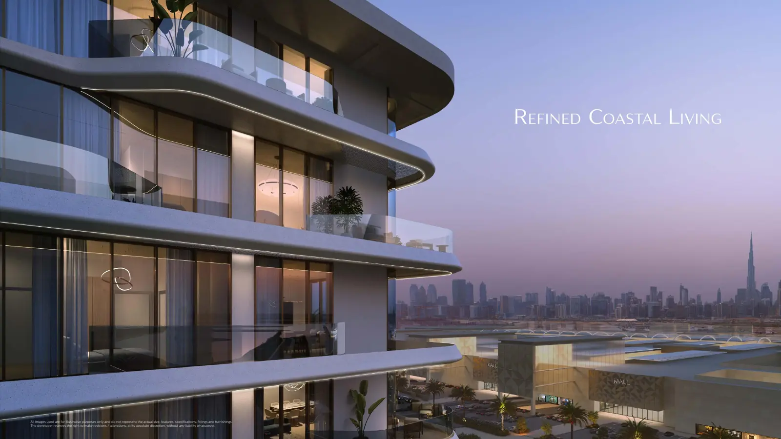Curved balconies at dusk with city skyline