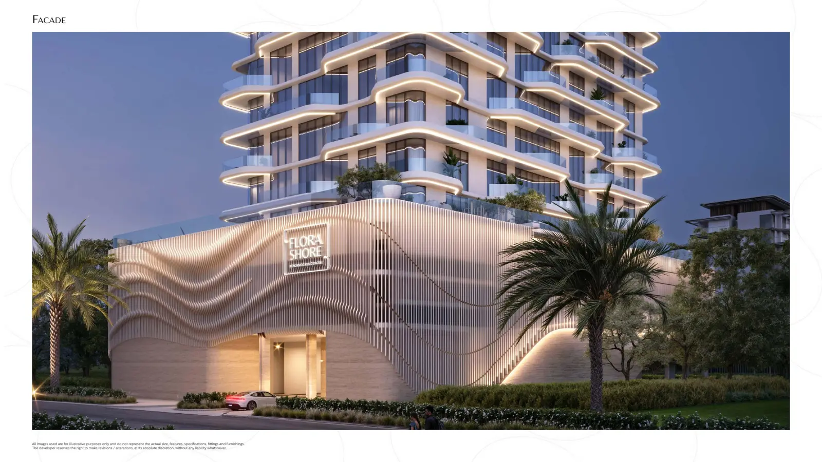 Podium facade with wave pattern at night
