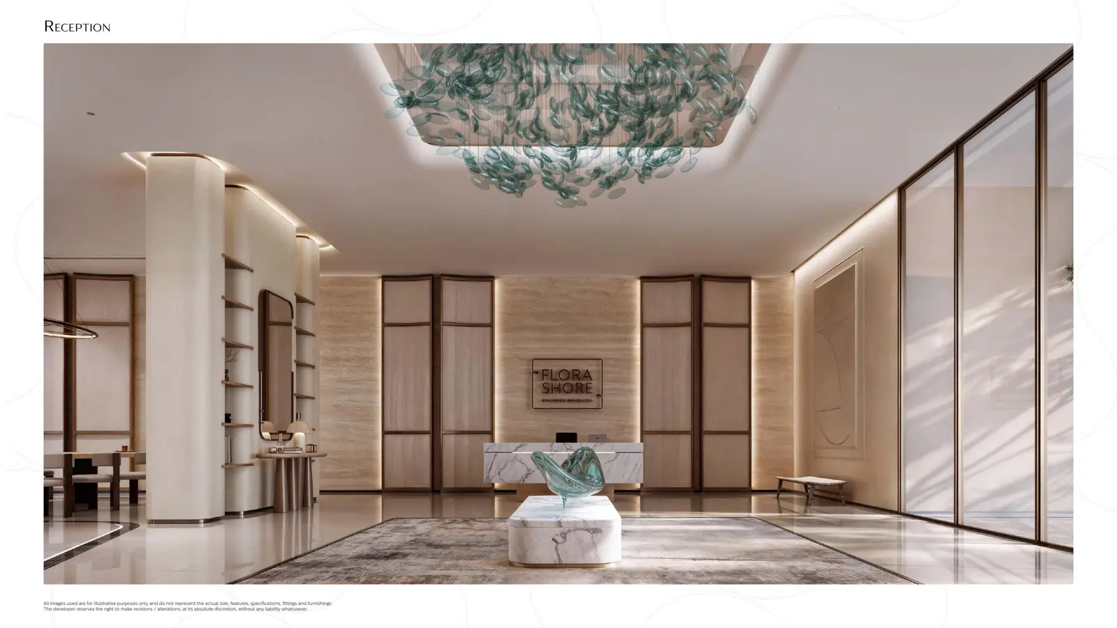 Reception with glass leaf chandelier