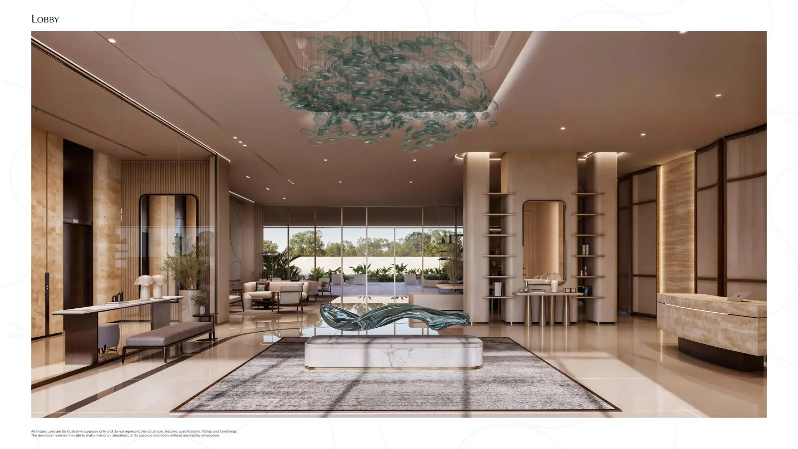 Lobby with seating and chandelier